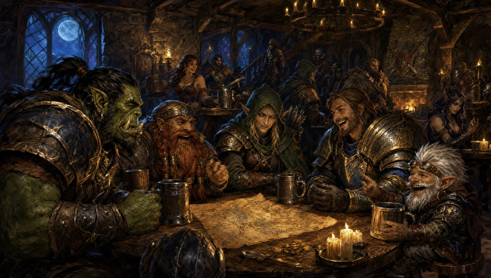 Orc, dwarf, elf and human adventurers share stories around a candlelit tavern table